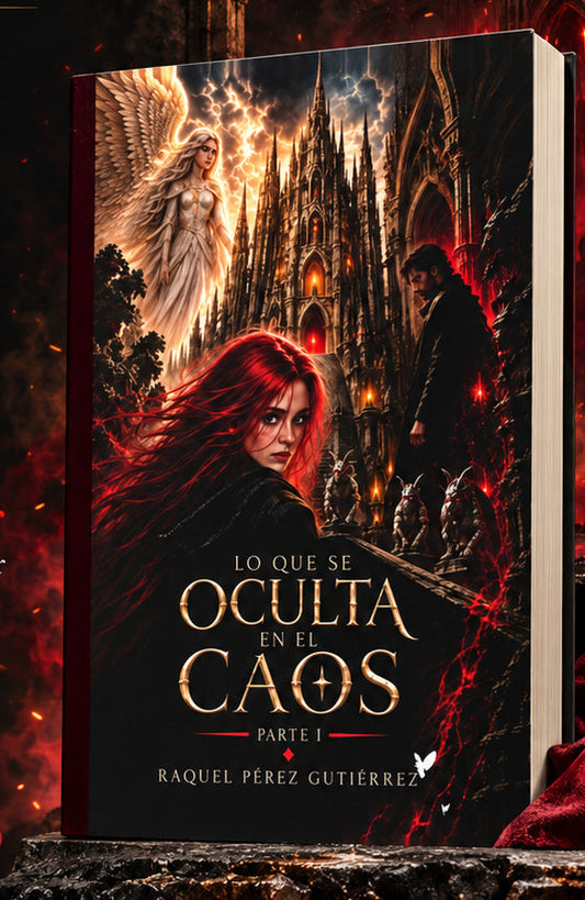 Libro Lo que se oculta en el caos de Raquel Pérez Gutiérrez, portada en ejemplar