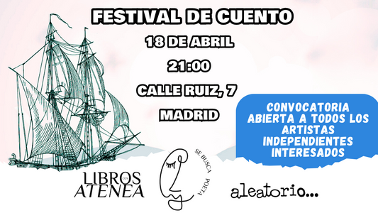 Todos los cuentos serán recogidos y presentados con todos los autores en el último evento de la temporada

📅 Fecha: Viernes, 18 de Abril de 2025

🕢 Hora: 21:00

📍 Lugar: Aleatorio Bar, Calle Ruiz, 7, Madrid